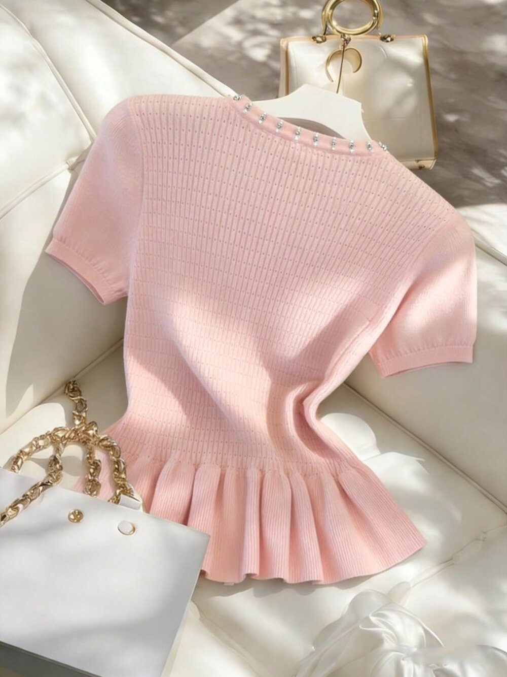 Pink Casual Women's Rhinestone Pearl Round Neck Slim Fit Short Sleeve Cardigan - Picture 2 of 6